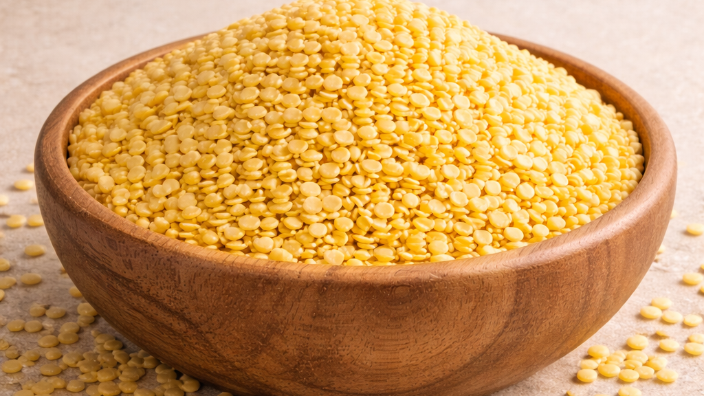 Yellow Moong Dal split lentils in a bowl packed in the UK