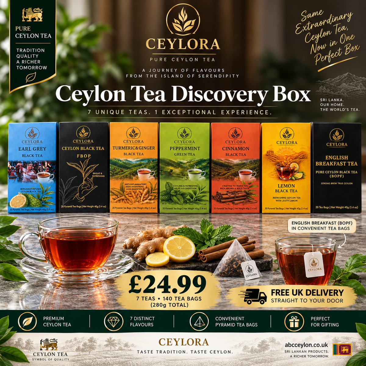 Ceylora Ceylon Tea Discovery Box promotional graphic showing a bundle of assorted tea boxes in different colors, brewed tea cups, ginger, cinnamon, and lemon slices on a dark background with pricing and delivery details.