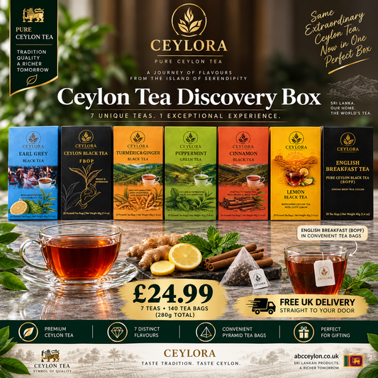 Ceylora Ceylon Tea Discovery Box promotional graphic showing a bundle of assorted tea boxes in different colors, brewed tea cups, ginger, cinnamon, and lemon slices on a dark background with pricing and delivery details.