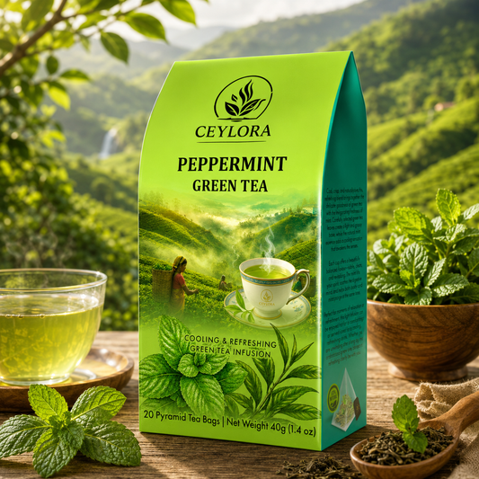 CEYLORA Peppermint Green Tea – Cooling Green Tea Infusion | 20 Pyramid Tea Bags
